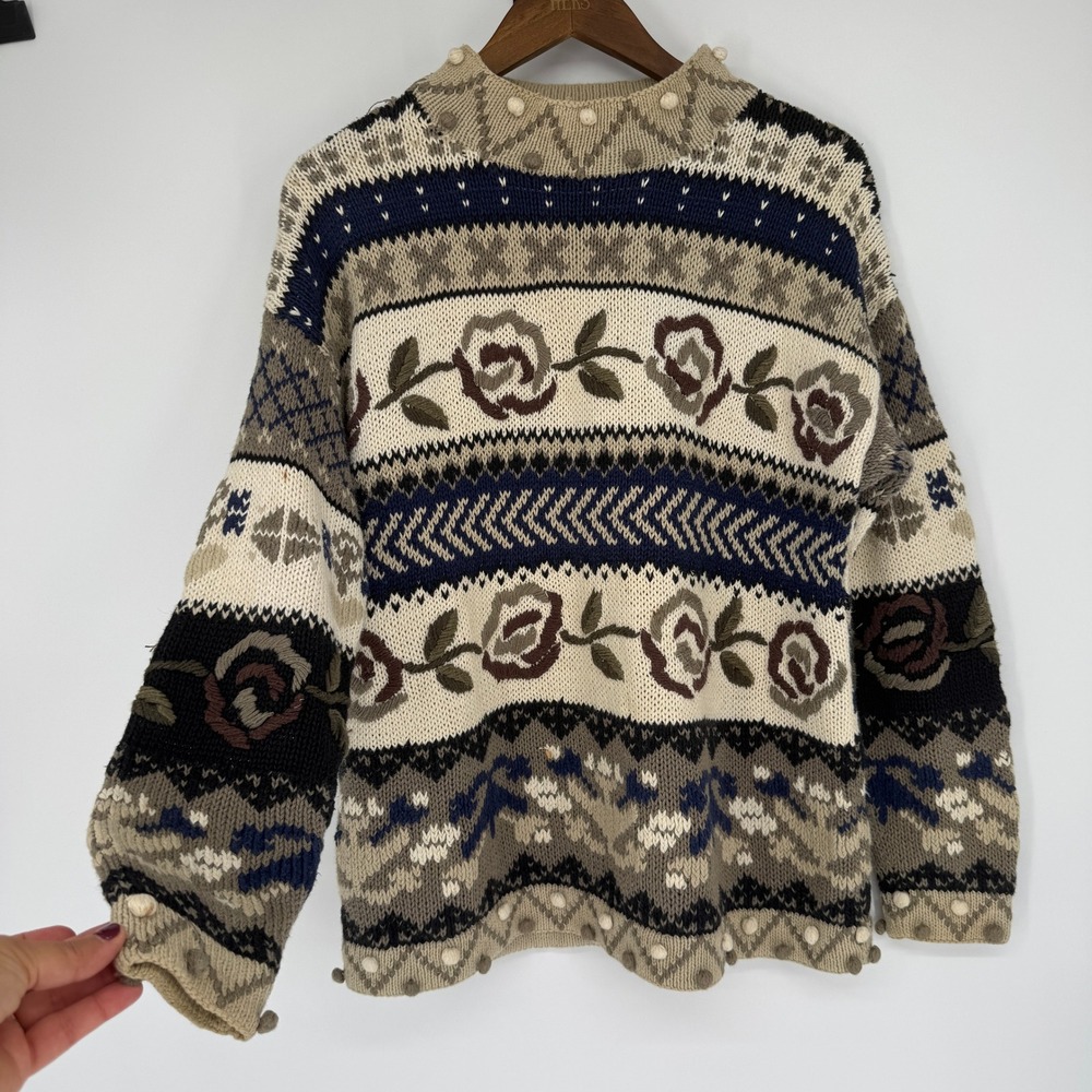 Vintage 90s Express Handknitted Sweater Womens M Ramie Cotton Floral Cottagecore